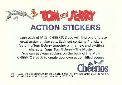 1993 Cheerios Tom & Jerry The Movie Stickers Down the Alley back