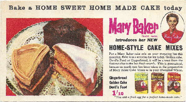 1960s Shredded Wheat Dovider Card Mary Baker Cake Mix
