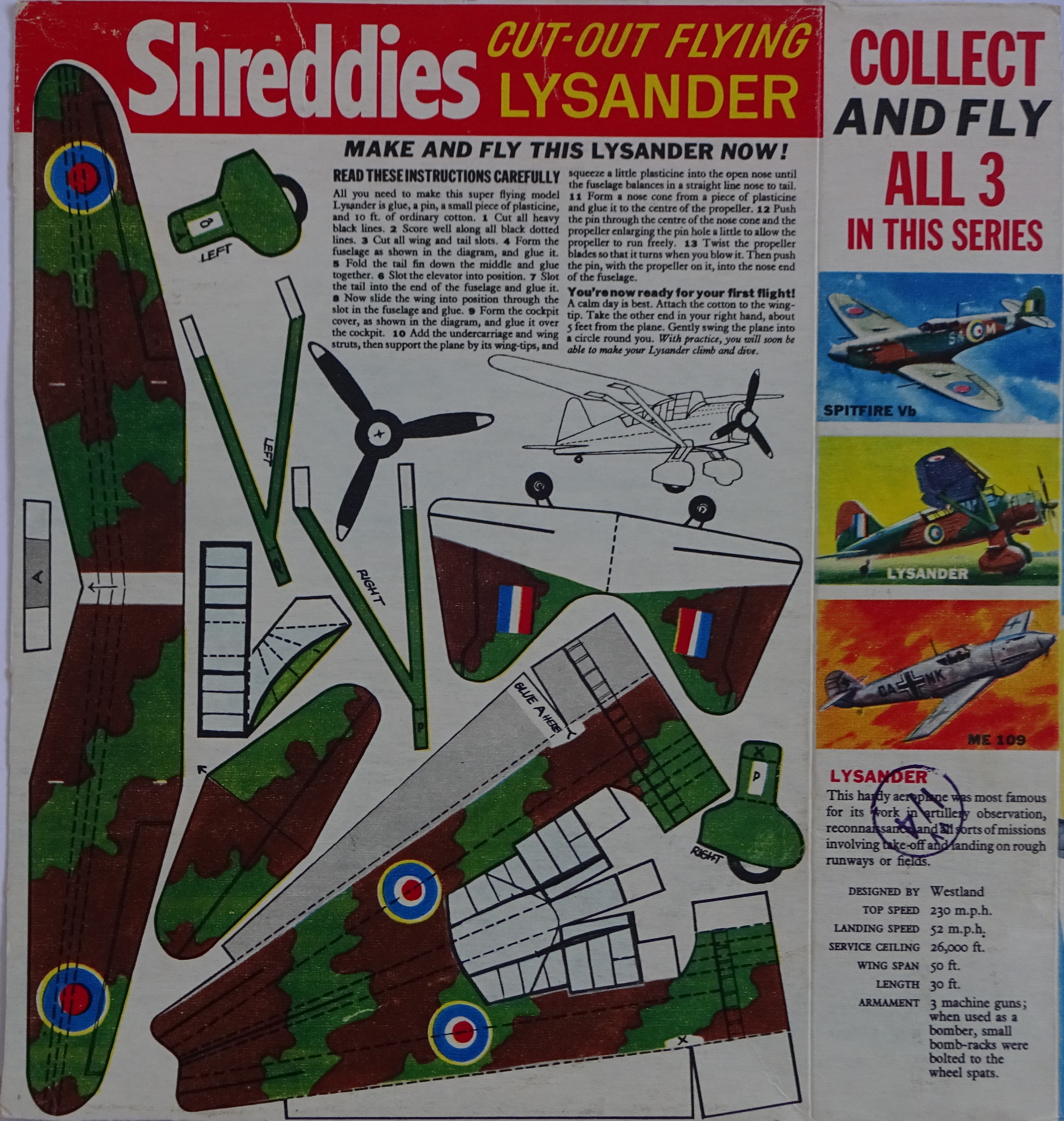 1963 Shreddies Cut out Flying Models Famous Planes - Lysander