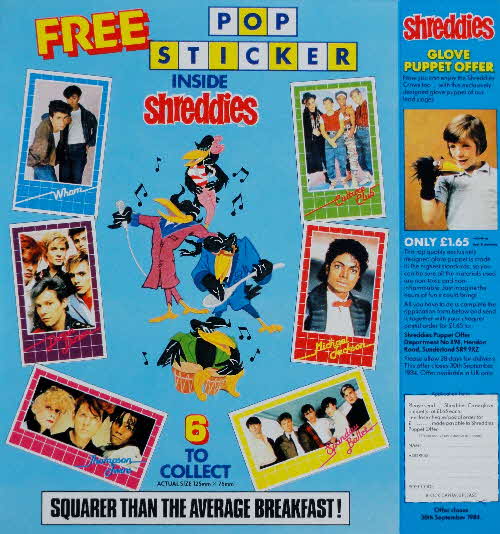 1983 Shreddies Pop Stickers & Glove Puppet