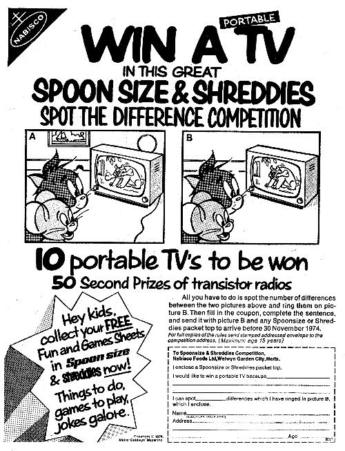1974 Shreddies Fun Sheets & TV Competition