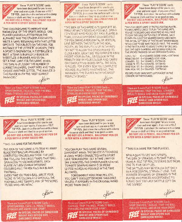 1977 Shredded Wheat Kevin Keegans Play n Score games reverse