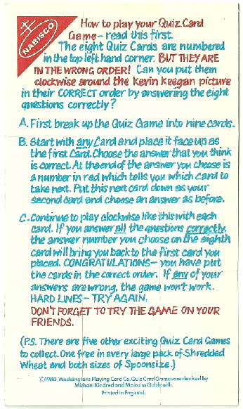 1980 Shredded Wheat Kevin Keegan's Quiz cards back