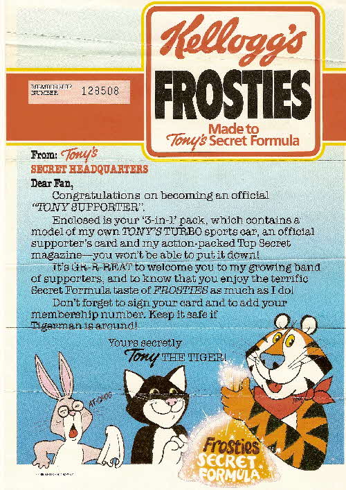 1985 Frosties Tony Supprter membership letter