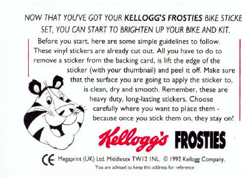 1992 Frosties Day Glo Stickers back
