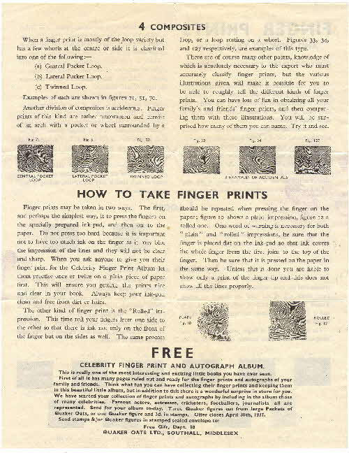 1936 Quaker Oats Finger Print instructions back