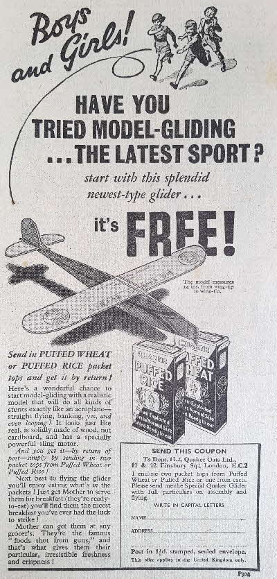 1935 Puffed Wheat Quaker Glider Ad