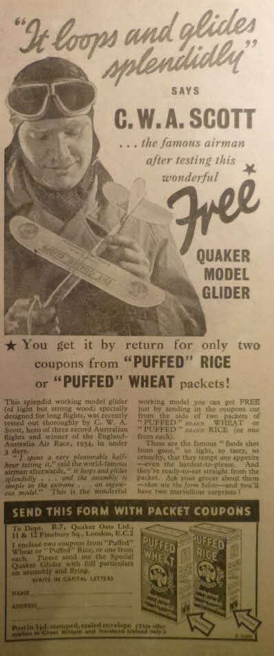 1936 Quaker Puffed Wheat C W A Scott Glidder