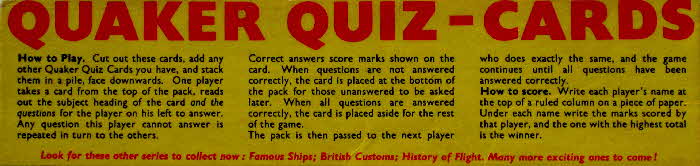 1956 Quaker Puffed Wheat  Quiz Cards Instructions