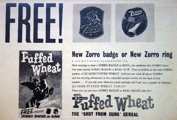 1959 Puffed Wheat Zorro Badge & Ring