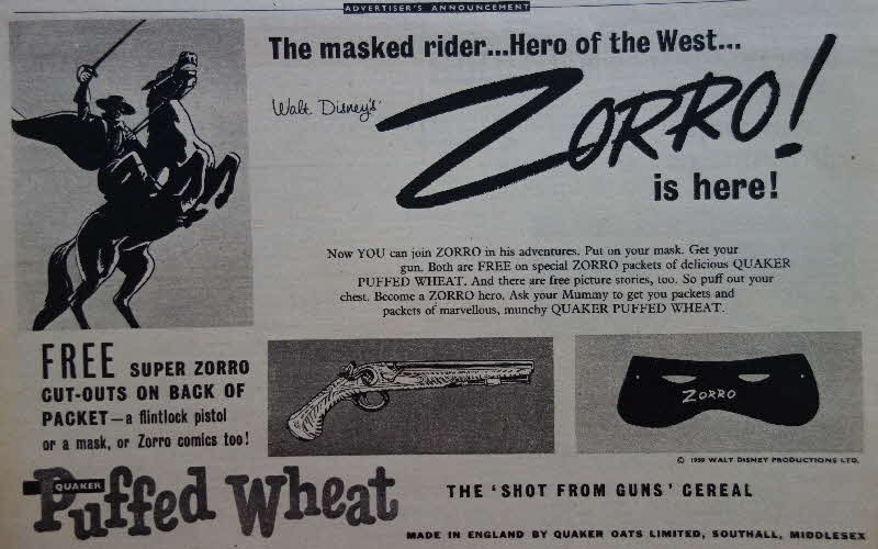 1959 Puffed Wheat Zorro Mask & Flintlock Pistol Ad