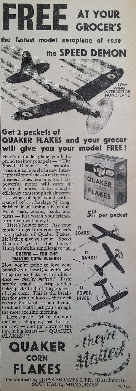 1939 Quaker Oats Speed Demon Advert