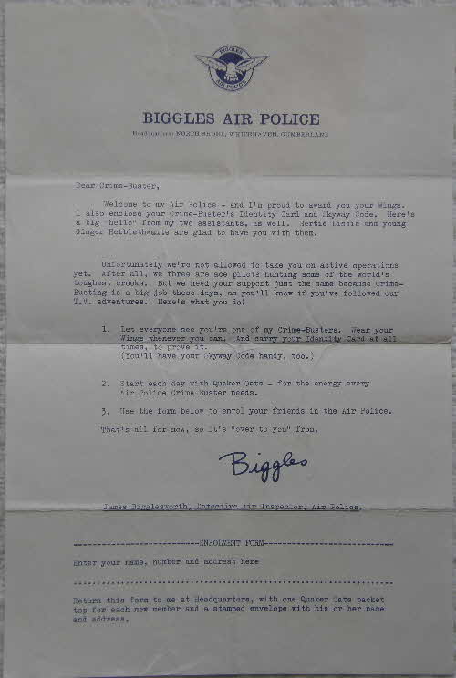 1960 Quaker Oats Biggles letter