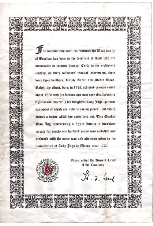1970s Quaker Oats Wood & Sons Toby Jug certificate