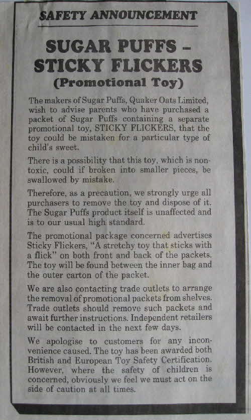 1991 Sugar Puffs Sticky Flickers recall