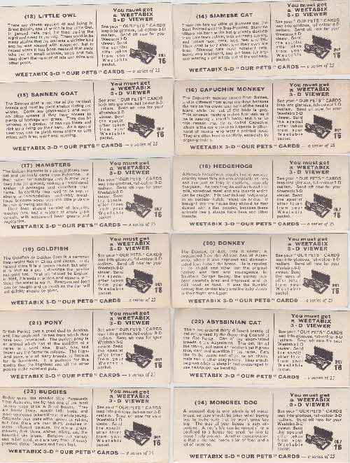 1961 Weetabix Our Pets 3D Cards 2 reverse