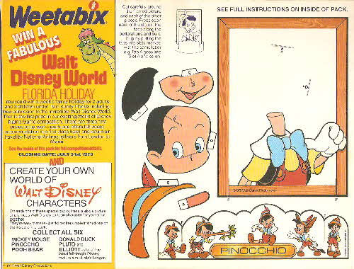 1978 Weetabix Disney Characters Fun Pictures Cut out Pinocchio