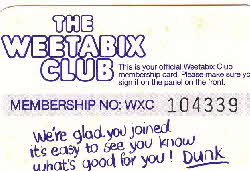 1983 Weetabix Club members card back