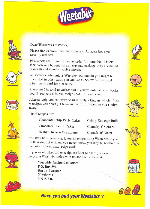 1998 Weetabix Recipe leaflet & cards 1